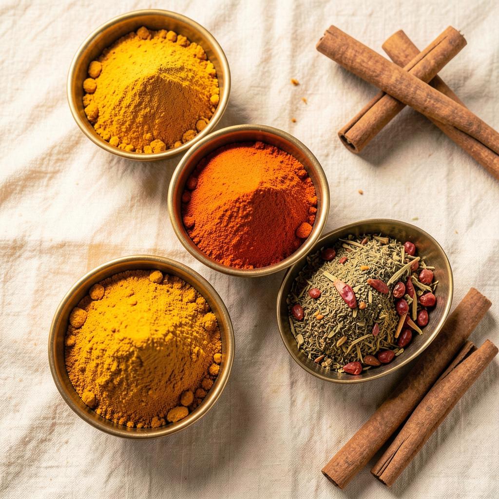 Turmeric, chilli and blended masalas in brass bowls on ivory linen