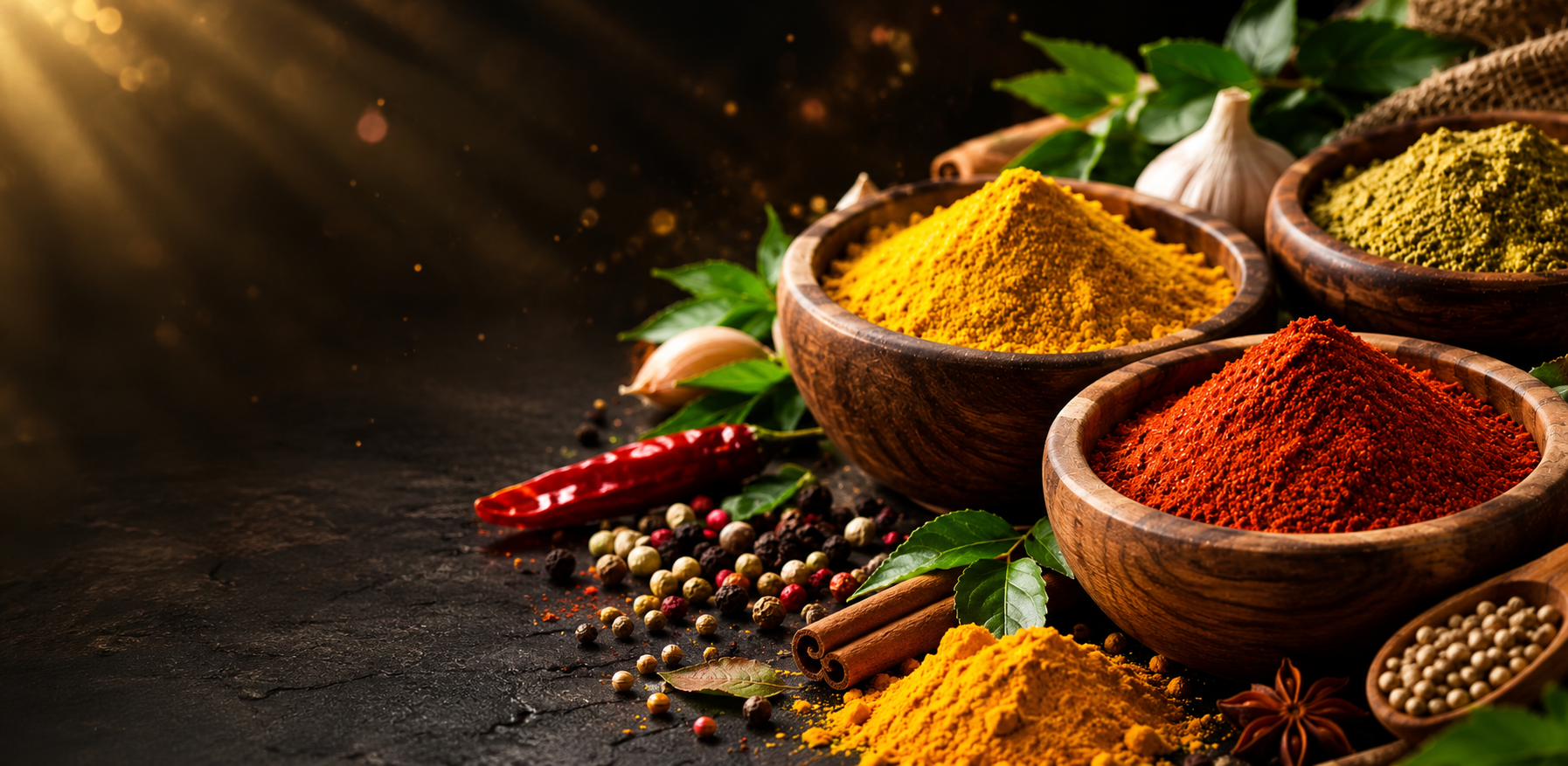 Bowls of turmeric, red chilli and whole Indian spices